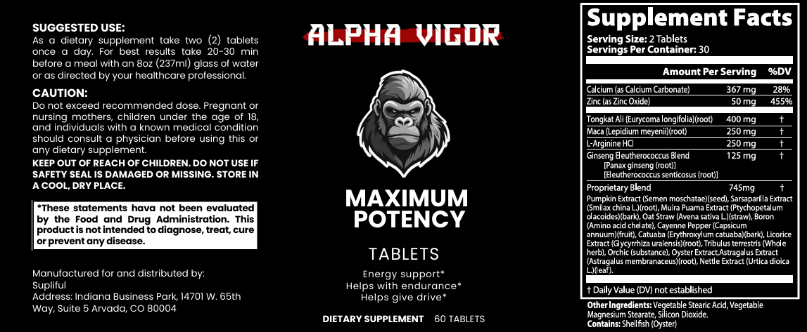 Alpha Vigor official product label showing supplement facts, ingredients, and usage instructions
